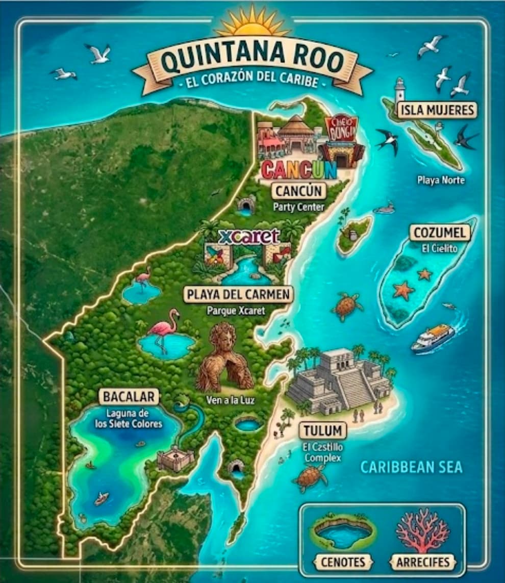 Mapa interactivo de Quintana Roo, México, con sus principales ciudades y puntos de interés seleccionables.